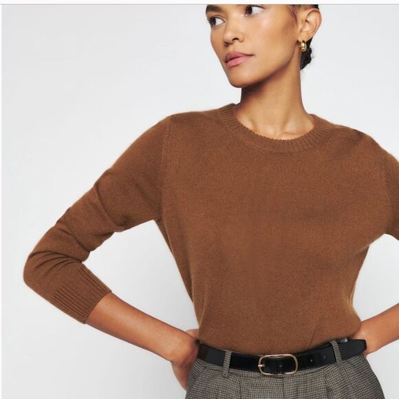 Reformation Cashmere Crew Sweater Kitten Soft Brown Cinnamon Lightweight  XL - Picture 1 of 10